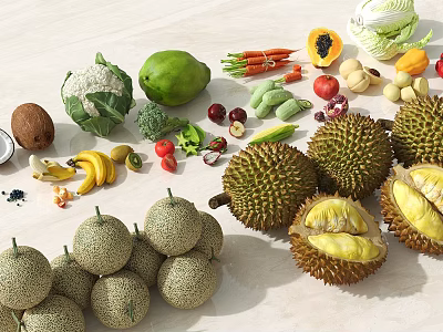 Tropical Fresh Fruits Display On Table Including Durian Cantaloupe Banana Papaya And Coconut 3d model