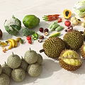 Tropical Fresh Fruits Display On Table Including Durian Cantaloupe Banana Papaya And Coconut