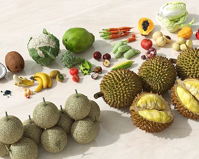 Tropical Fresh Fruits Display On Table Including Durian Cantaloupe Banana Papaya And Coconut 3d model