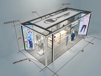 Modern Clothing Store Exhibition Booth Design With Apparel Display Mannequins And Posters 3d model