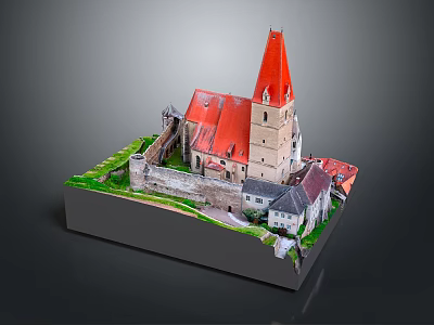 Castle Style Architectural Model Featuring Red Roof Tower Surrounding Structures Green Grass and Gray Base 3d model