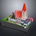Castle Style Architectural Model Featuring Red Roof Tower Surrounding Structures Green Grass and Gray Base