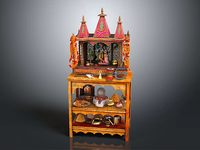 Traditional Decorative Wooden Altar Furniture Featuring Red Golden Roof And Multi Tiered Shelves With Deities 3d model
