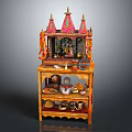 Traditional Decorative Wooden Altar Furniture Featuring Red Golden Roof And Multi Tiered Shelves With Deities