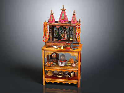 Traditional Decorative Wooden Altar Furniture Featuring Red Golden Roof And Multi Tiered Shelves With Deities 3d model