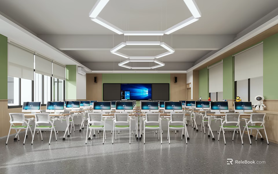 Modern School Computer Classroom With Modern Lights Computers And Chairs 3d model