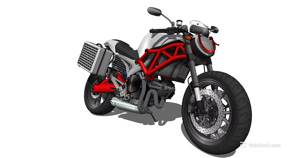 Modern Motorcycle With Red Frame Black Tires Silver Exhaust And Side Mesh Storage Box 3d model 