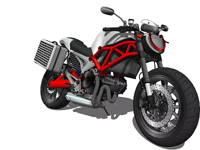 Modern Motorcycle With Red Frame Black Tires Silver Exhaust And Side Mesh Storage Box 3d model