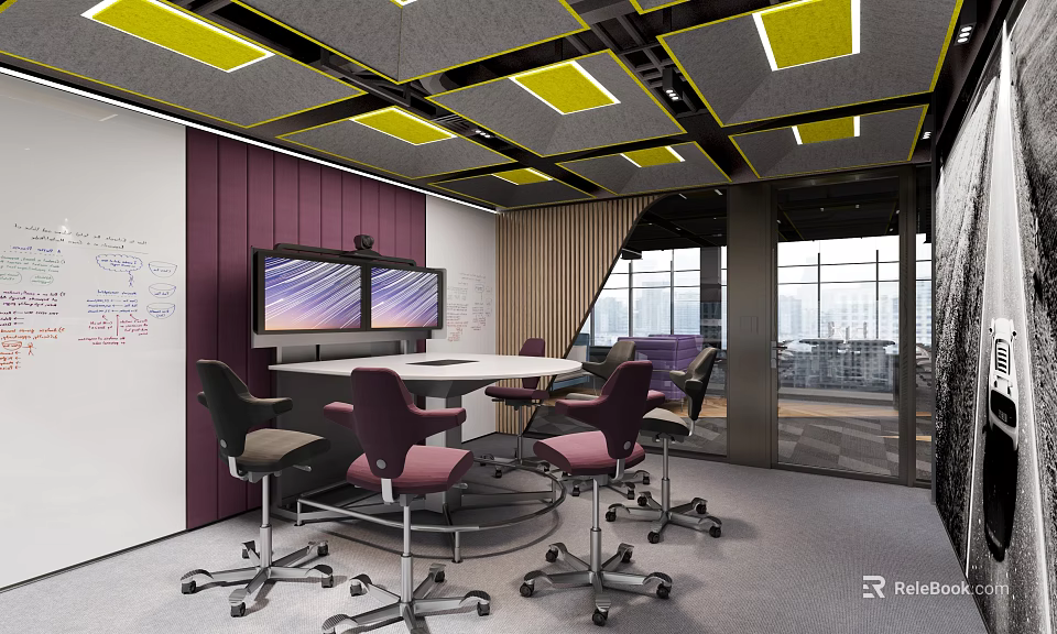 Modern Conference Room With Yellow Ceiling Panels Purple Walls Dual Screens And City View 3d model 