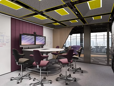 Modern Conference Room With Yellow Ceiling Panels Purple Walls Dual Screens And City View 3d model