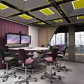 Modern Conference Room With Yellow Ceiling Panels Purple Walls Dual Screens And City View