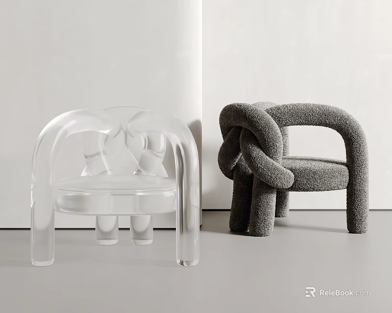 Transparent Acrylic And Gray Plush Accent Chairs With Unique Modern Designs 3d model 