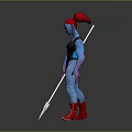 Fantasy Creature Character With Blue Skin Red Hair Holding Spear And Red Shoes