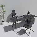 Modern Office Interior With Black Desk Two Chairs Computer Monitor And Green Plant