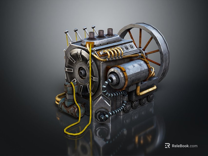 Vintage Mechanical Engine With Large Wheel Metal Pipes And Gear Components 3d model 