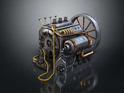 Vintage Mechanical Engine With Large Wheel Metal Pipes And Gear Components 3d model