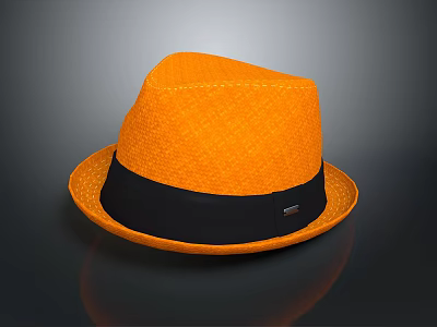 Orange Straw Hat With Black Band And Round Brim For Daily Use 3d model