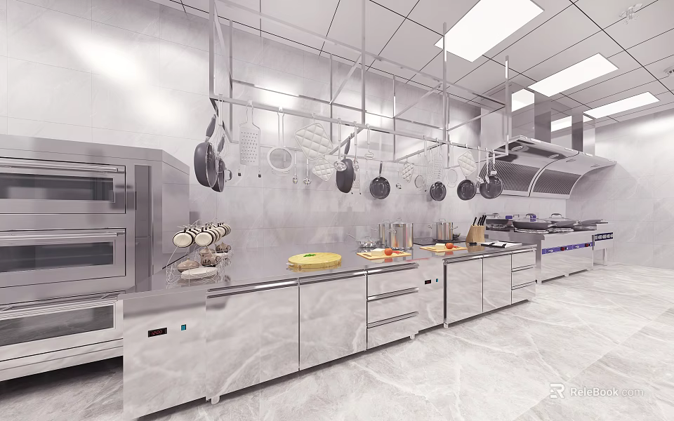 Modern Commercial Kitchen With Stainless Steel Countertops Hanging Pots Cabinets And Oven 3d model 