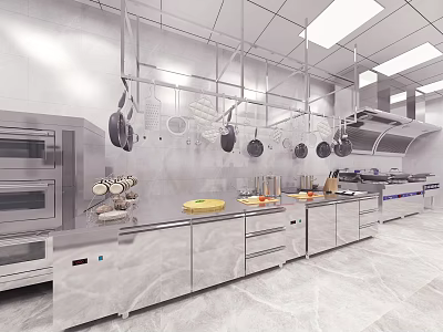 Modern Commercial Kitchen With Stainless Steel Countertops Hanging Pots Cabinets And Oven 3d model