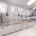 Modern Commercial Kitchen With Stainless Steel Countertops Hanging Pots Cabinets And Oven
