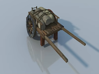 Vintage Wooden Cart With Spoked Wheels And Bundled Cloth Load On Frame 3d model