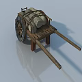 Vintage Wooden Cart With Spoked Wheels And Bundled Cloth Load On Frame