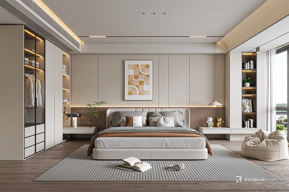 Modern Bedroom Interior With Bed Decorative Painting Wardrobe And Soft Area Rug 3d model 