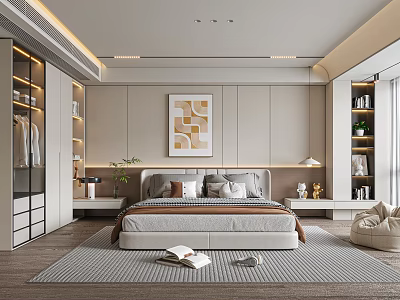 Modern Bedroom Interior With Bed Decorative Painting Wardrobe And Soft Area Rug 3d model