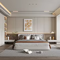 Modern Bedroom Interior With Bed Decorative Painting Wardrobe And Soft Area Rug