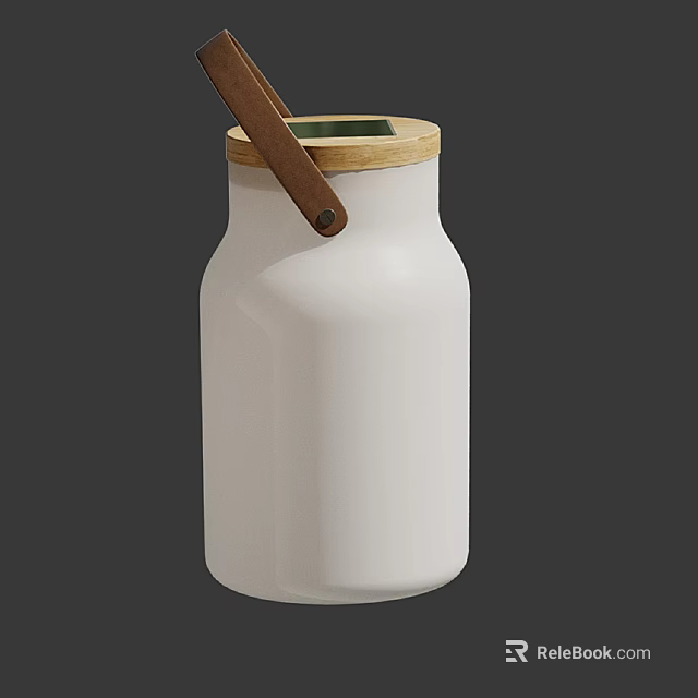 White Ceramic Container with Wooden Lid and Leather Handle for Modern Home Storage 3d model 