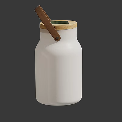White Ceramic Container with Wooden Lid and Leather Handle for Modern Home Storage 3d model