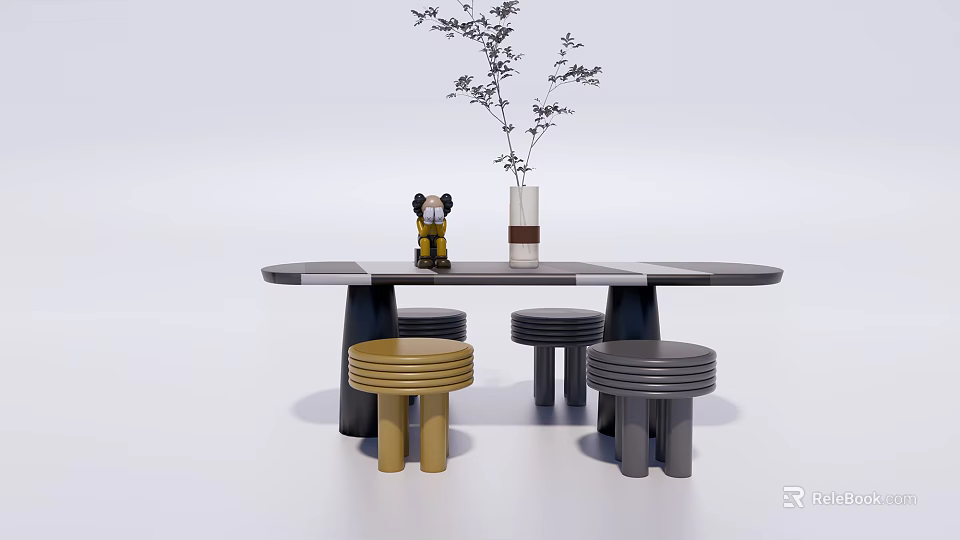 Modern Round Table and Stool Set with Multicolored Stools Vase Branches and Figurine 3d model