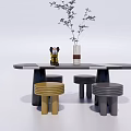 Modern Round Table and Stool Set with Multicolored Stools Vase Branches and Figurine 3d model