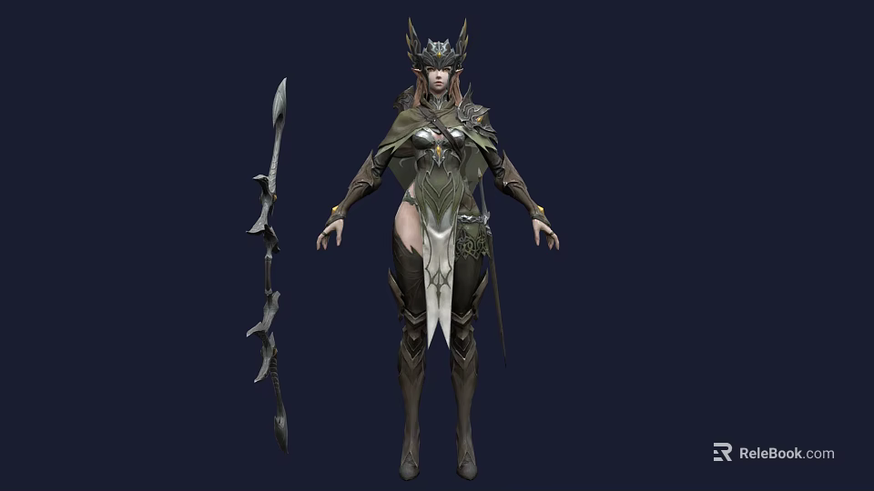 Woman In Green Armor With Horned Headdress And Spear Standing Pose 3d model 