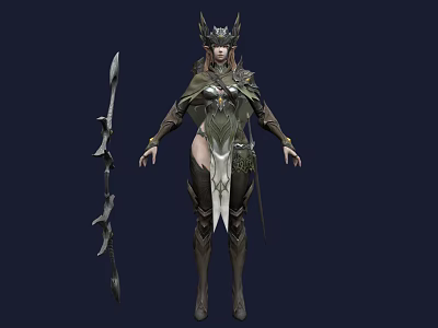 Woman In Green Armor With Horned Headdress And Spear Standing Pose 3d model