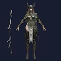 Woman In Green Armor With Horned Headdress And Spear Standing Pose