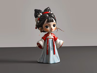 Traditional Chinese Woman Dressed In Red Top And Light Blue Hanfu With Hair Accessories 3d model