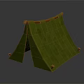 Green Canvas Tent Structure With Wooden Support Poles And Green Fabric