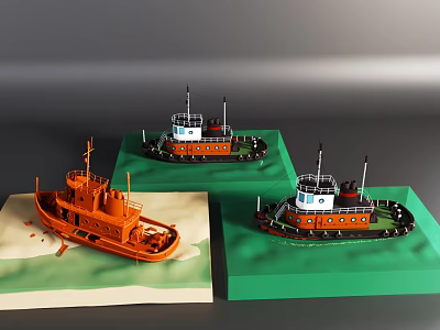 Orange Yacht Models With White Upper Structure Displayed On Green And Beige Bases 3d model