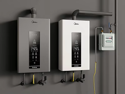 Midea Wall Mounted Gas Water Heaters Daily Use Appliances With Digital Display And Pipes 3d model