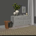 White Console Cabinet with Drawers Green Plant Vase Wall Mirror and Patterned Rug near Window