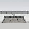 Modern Olympic Rings Stadium Exterior with Main Entrance Steps and People