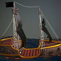 Wooden Ship with Striped Sails Hull Gold Accents and Anchor on Ocean Waves Under Sky