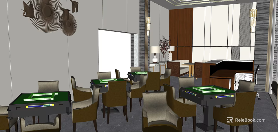 Elegant Hotel Mahjong Room Interior With Green Tables And Comfortable Chairs 3d model 
