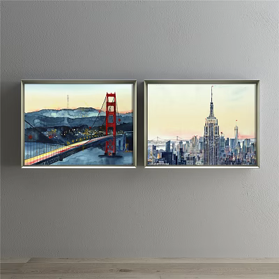 Framed Landscape Paintings Featuring Golden Gate Bridge And Empire State Building Cityscape With Mountains 3d model