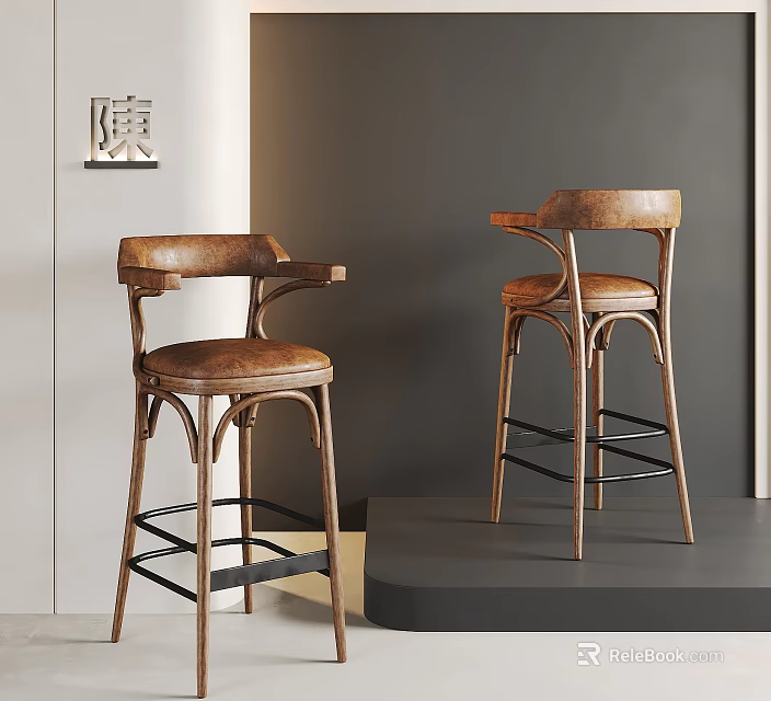 Vintage Bar Stools With Wooden Frame Leather Seat And Armrests In Modern Interior 3d model 