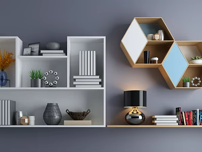 Open White And Wooden Hexagonal Wall Cabinets With Decor Books Plants On Gray Interior Wall 3d model