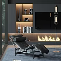 Modern Black Leather Lounge Chair In Living Room With Fireplace Floor Lamp And Bookshelves