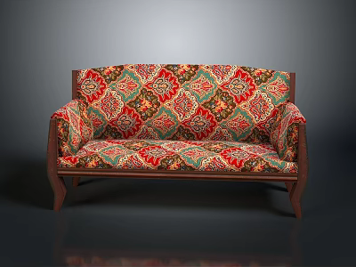 Vintage Sofa Upholstered With Intricate Colorful Pattern And Wooden Frame 3d model