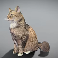 Detailed Brown And White Cat Sitting With Fluffy Fur And Alert Ears On Gray Background